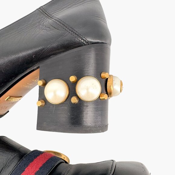 Gucci Peyton GG Pearl Loafer Pumps EU 37.5 US 7.5 Black Leather Block Heel Logo - Picture 13 of 13